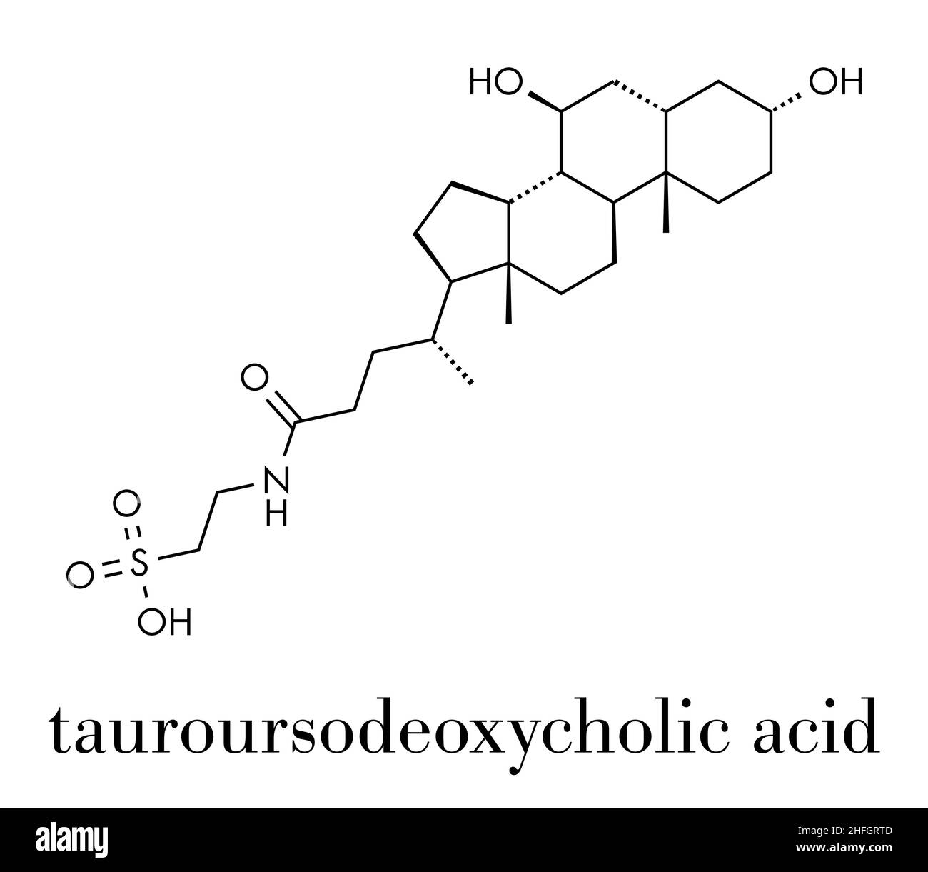 Molécule d'acide tauroursodésoxycholique (TUDCA).Conjugué de taurine et d'acide ursodésoxycholique.Formule squelettique. Illustration de Vecteur