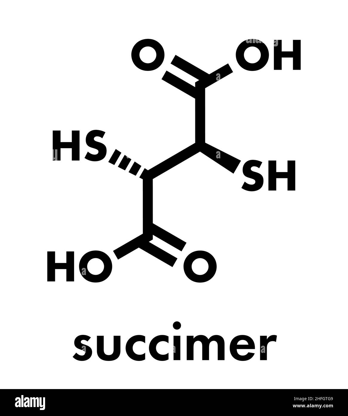 Molécule de médicament contre l'empoisonnement au plomb de Succimère (acide dimercaptosuccinique, DMSA). Antidote utilisé dans l'empoisonnement de métaux lourds; agit en formant des chélates avec des métaux. S Illustration de Vecteur