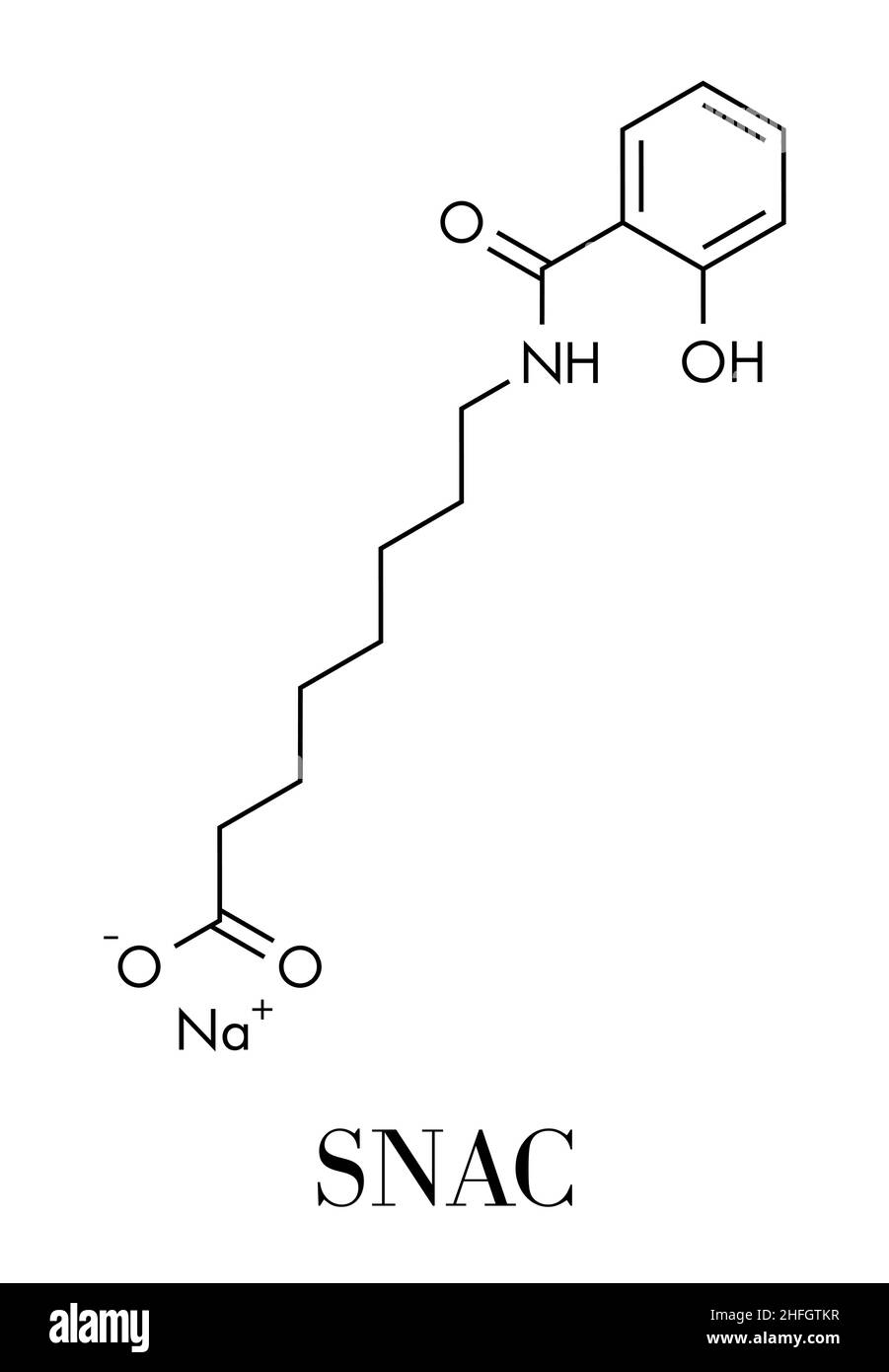 Salcaprozate de sodium (NAC, sodium N-[8-(2-hydroxybenzoyl)caprylate) L'absorption orale promoteur. Utilisé pour augmenter la biodisponibilité des macromole Illustration de Vecteur