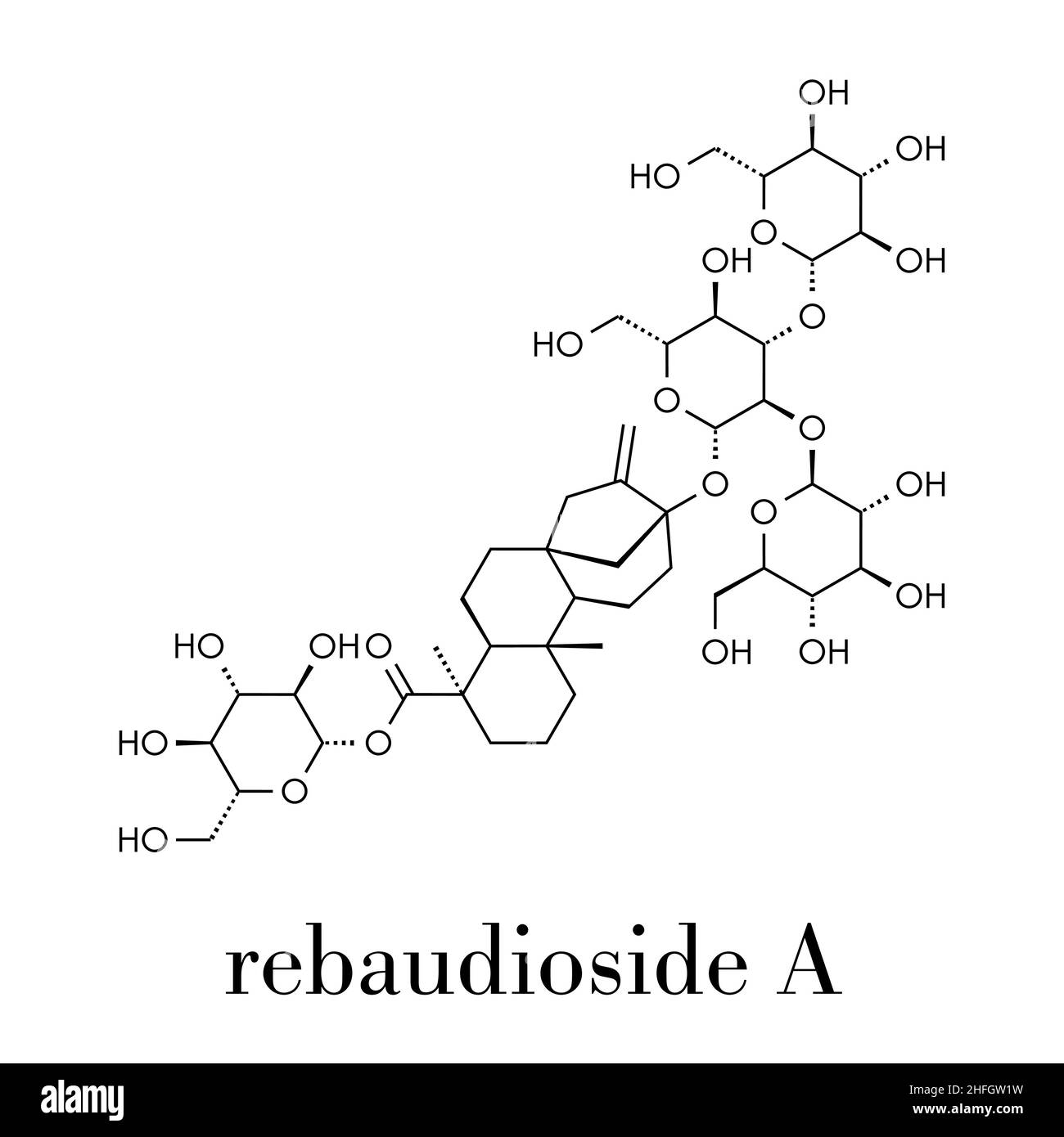 Rebaudioside Une molécule.Un des principaux glycosides de stéviol trouvés dans les plantes de stévia, utilisé comme édulcorant.Formule squelettique. Illustration de Vecteur