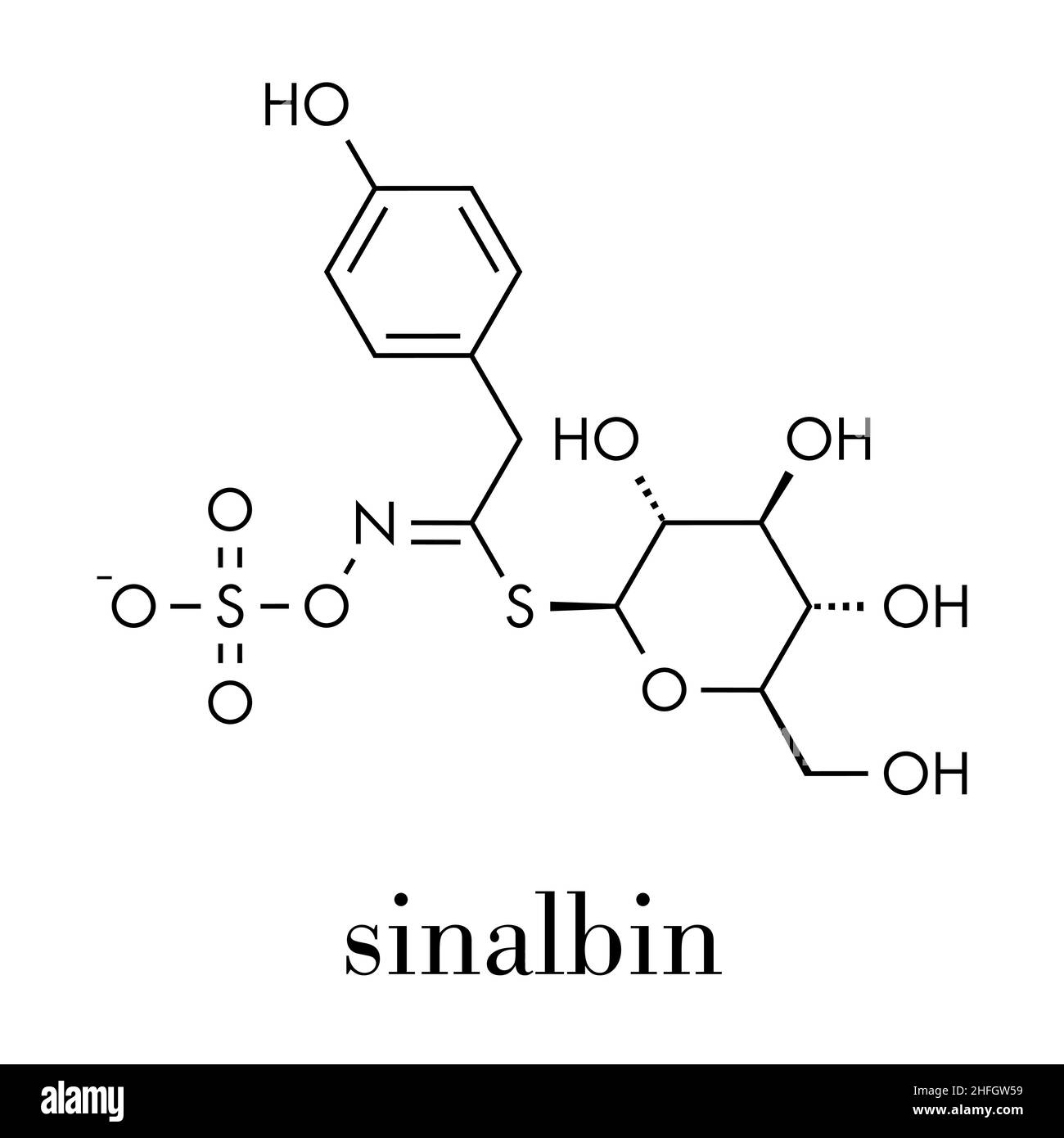 Sinalbin molécule en glucosinolates. Présents dans les graines de moutarde blanche (Sinapis alba). Formule topologique. Illustration de Vecteur