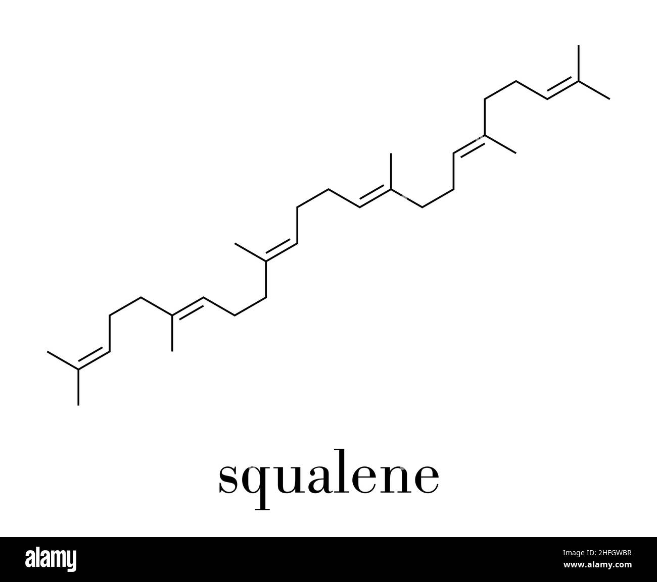 Molécule d'hydrocarbure naturel de squalène.Trouvé dans l'huile de foie de requin et nombre de sources végétales.Formule squelettique. Illustration de Vecteur
