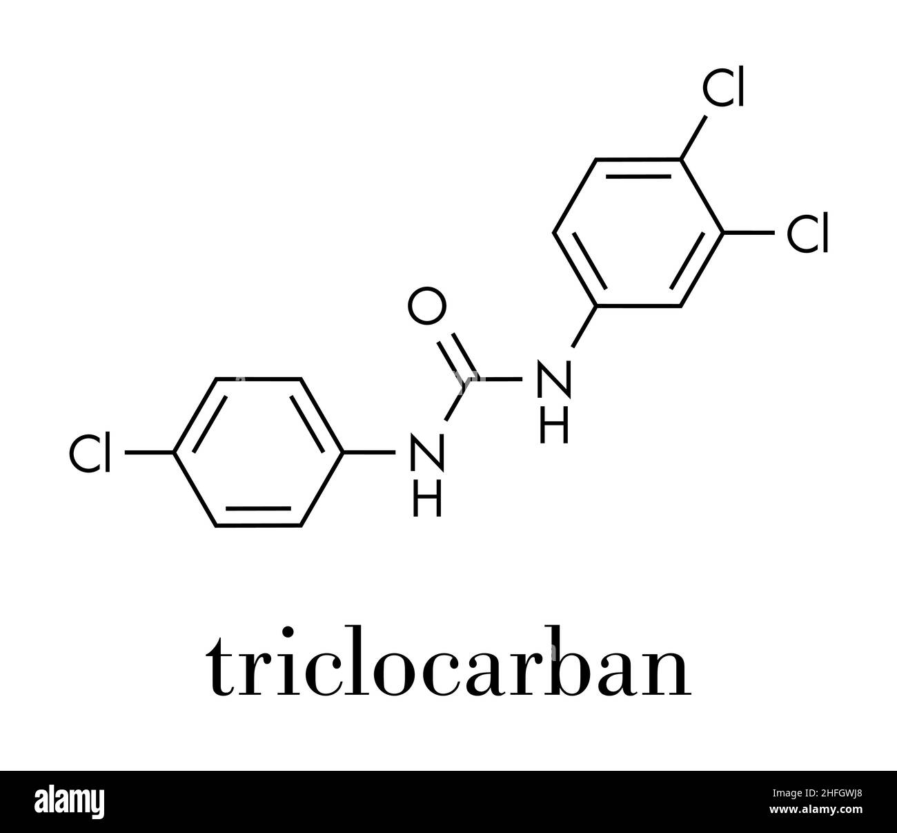 Molécule d'agent antibactérien de Trichocarban.Souvent utilisé dans les savons et les lotions antibactériens.Formule squelettique. Illustration de Vecteur