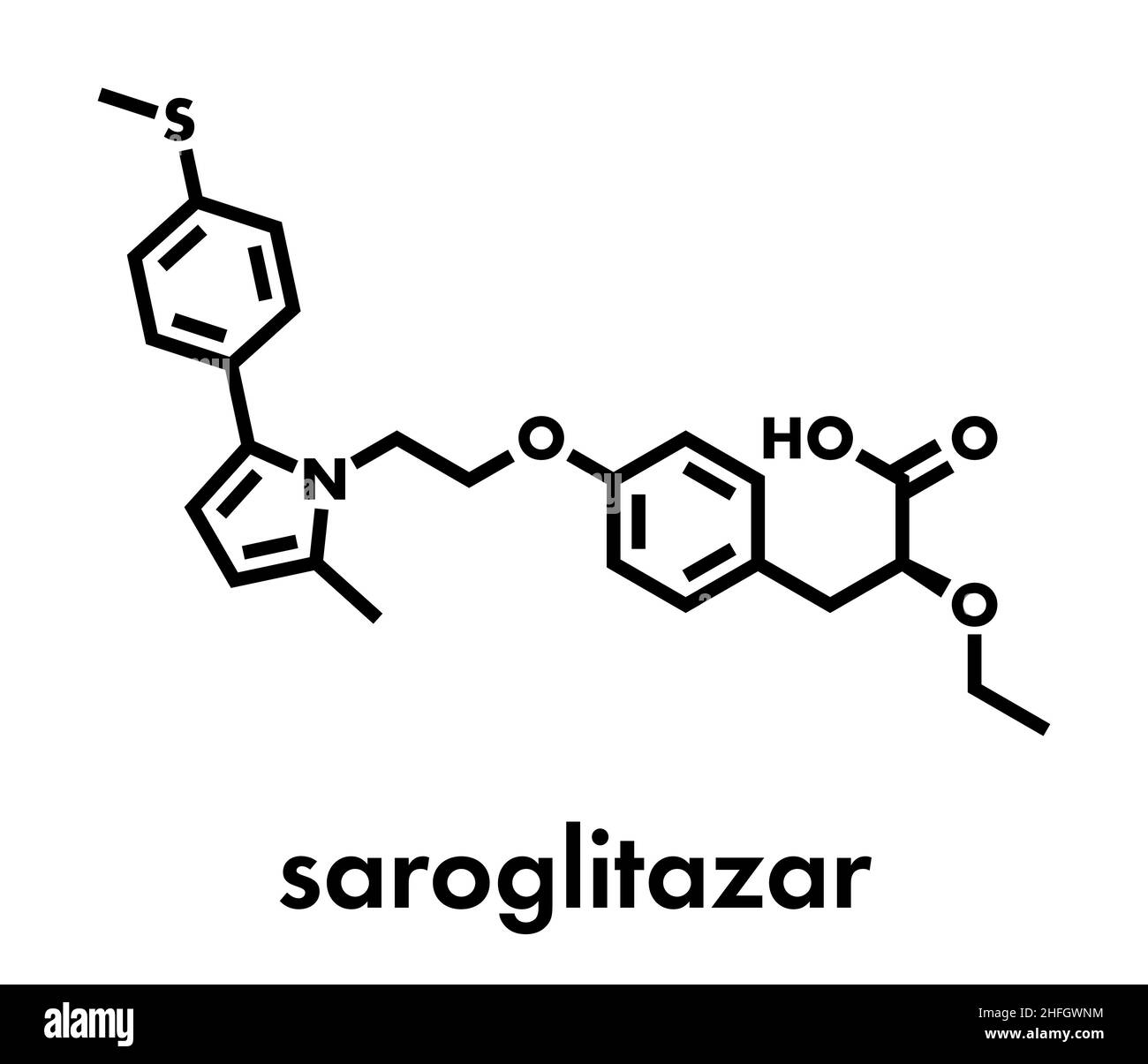 Saroglitazar diabète molécule pharmaceutique (agoniste PPAR double). Formule topologique. Illustration de Vecteur