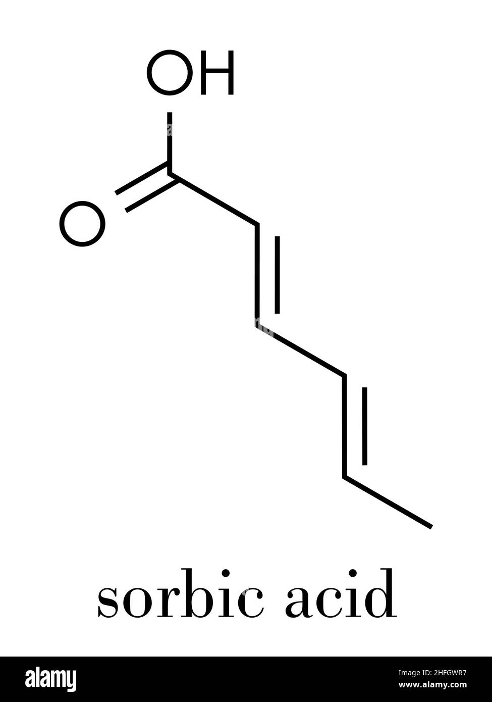 Molécule de conservateur alimentaire d'acide sorbique. Sorbate (sodium, potassium, calcium) également utilisé dans le même but. Formule squelettique. Illustration de Vecteur