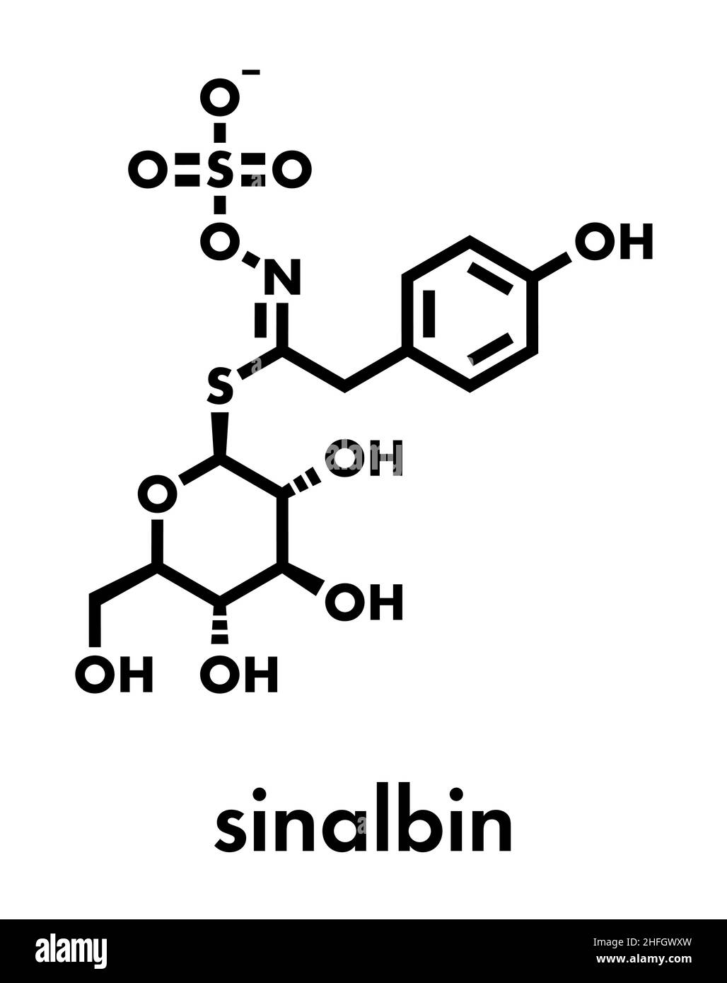 Sinalbin molécule en glucosinolates. Présents dans les graines de moutarde blanche (Sinapis alba). Formule topologique. Illustration de Vecteur