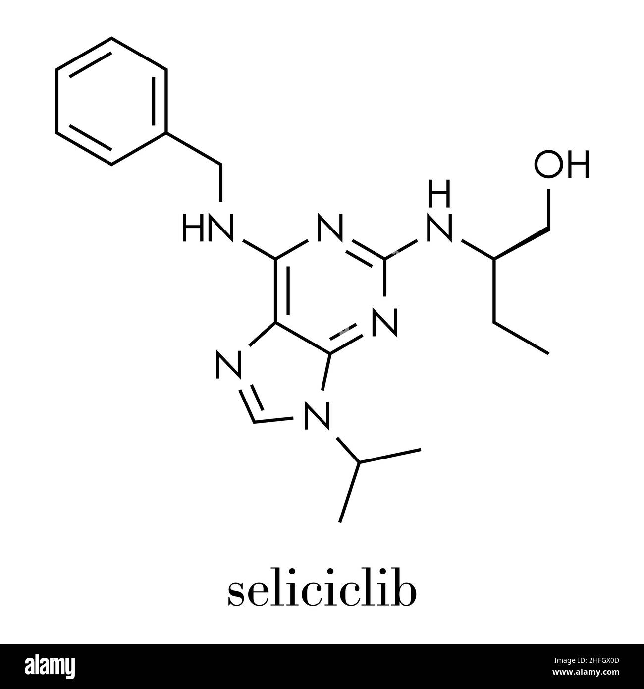 Molécule de médicament Seliciclib (inhibiteur CDK).Formule squelettique. Illustration de Vecteur