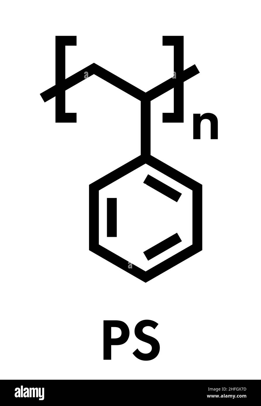 Le polystyrène (PS) plastique, structure chimique. Utilisé dans les matériaux isolants, jouets, emballages, contenants alimentaires, etc. formule topologique. Illustration de Vecteur