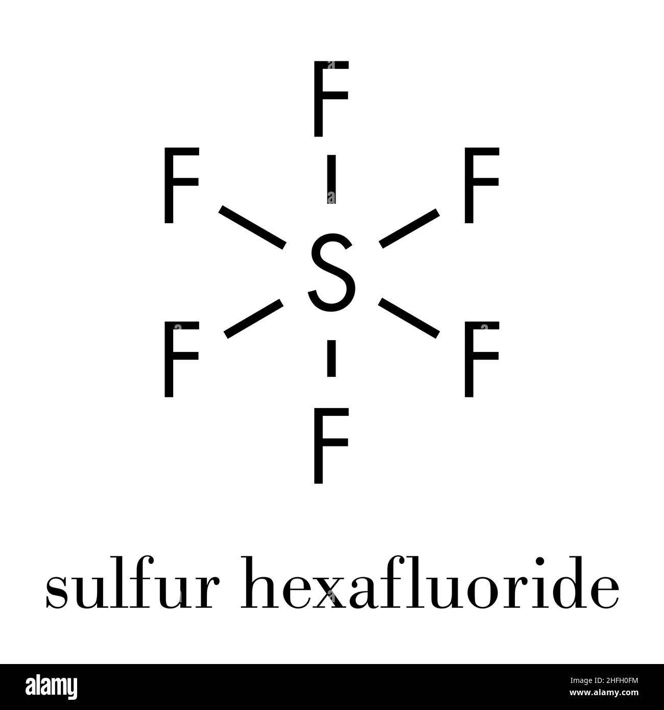 Hexafluorure de soufre isolant gaz molécule. Des microbulles sont utilisés comme agent de contraste pour échographie. Puissant gaz à effet de serre. Formule topologique. Illustration de Vecteur