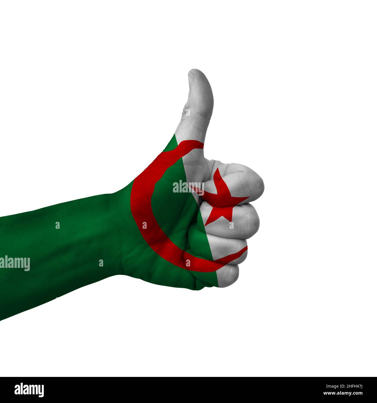 Main making pouces vers le haut signe, l'algérie peint avec le drapeau comme symbole de pouces vers le haut, comme, d'accord, positif - isolé sur fond blanc Banque D'Images