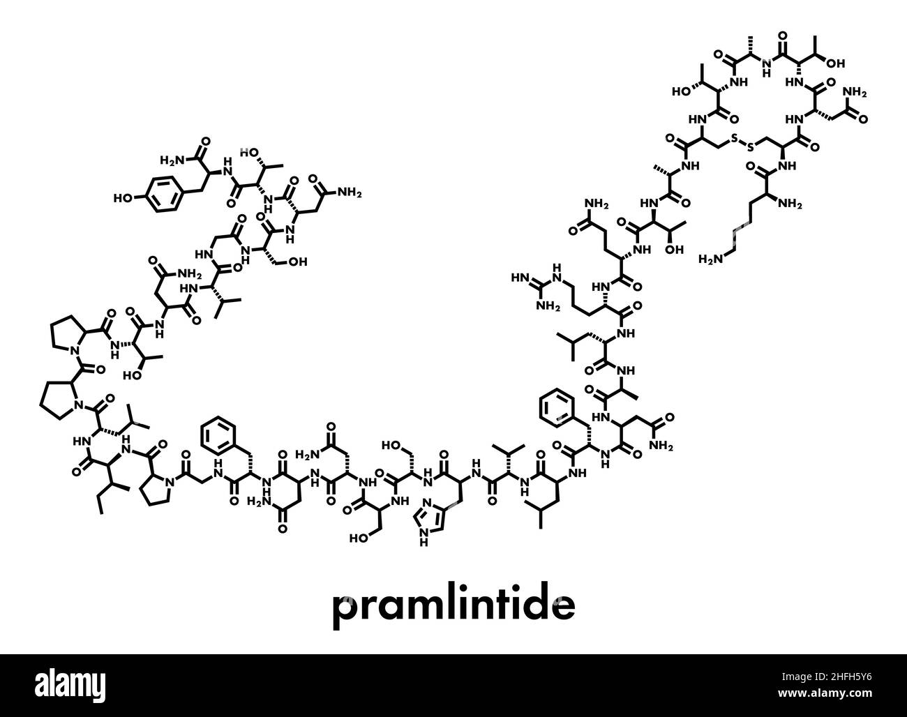 Diabète Pramlintide molécule pharmaceutique. Analogue de l'amyline ou islet amyloid polypeptide (IAPP). Formule topologique. Illustration de Vecteur
