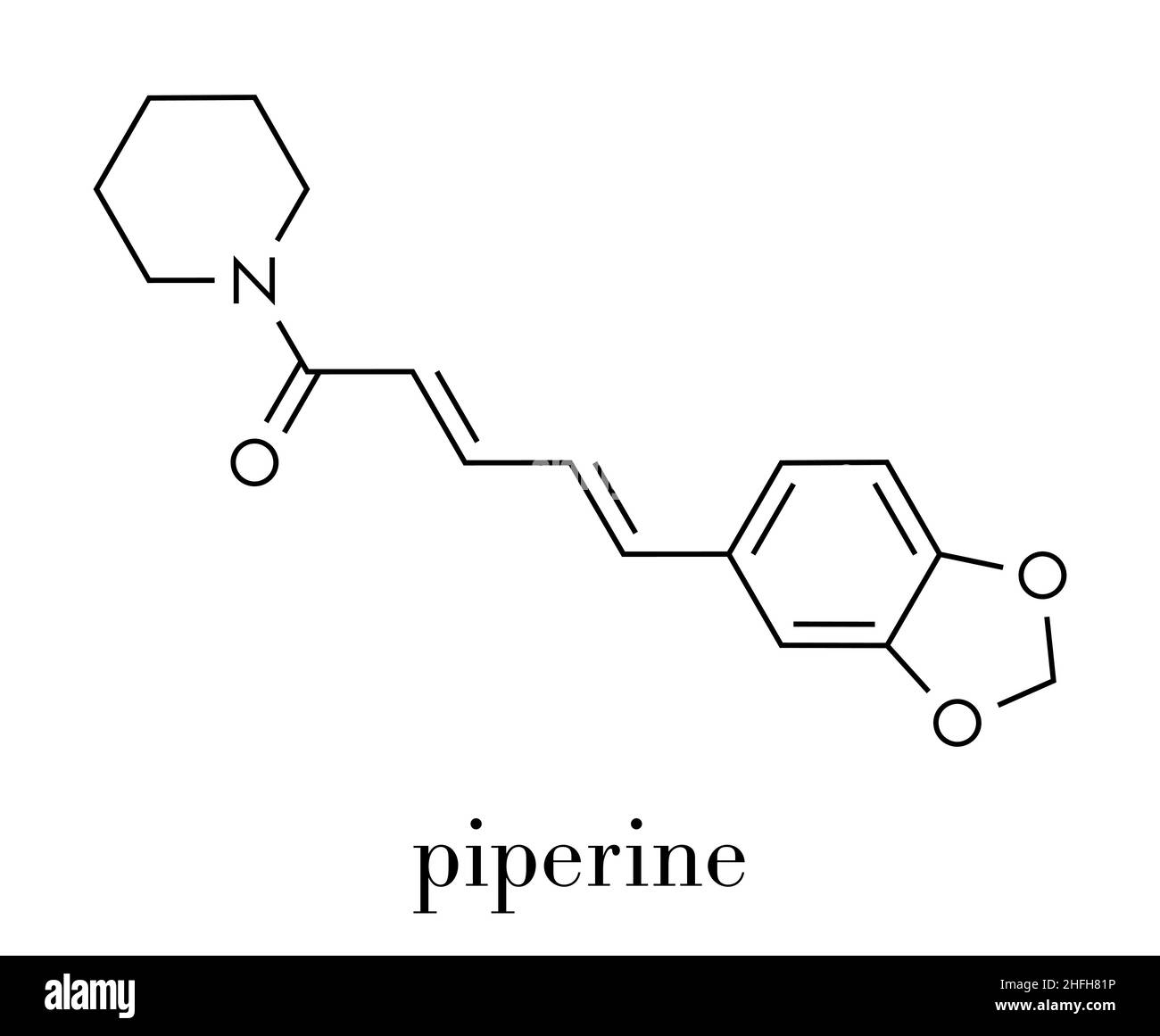 La pipérine du poivre noir molécule. Responsable de l'âcreté de poivre noir et de poivre long. Formule topologique. Illustration de Vecteur