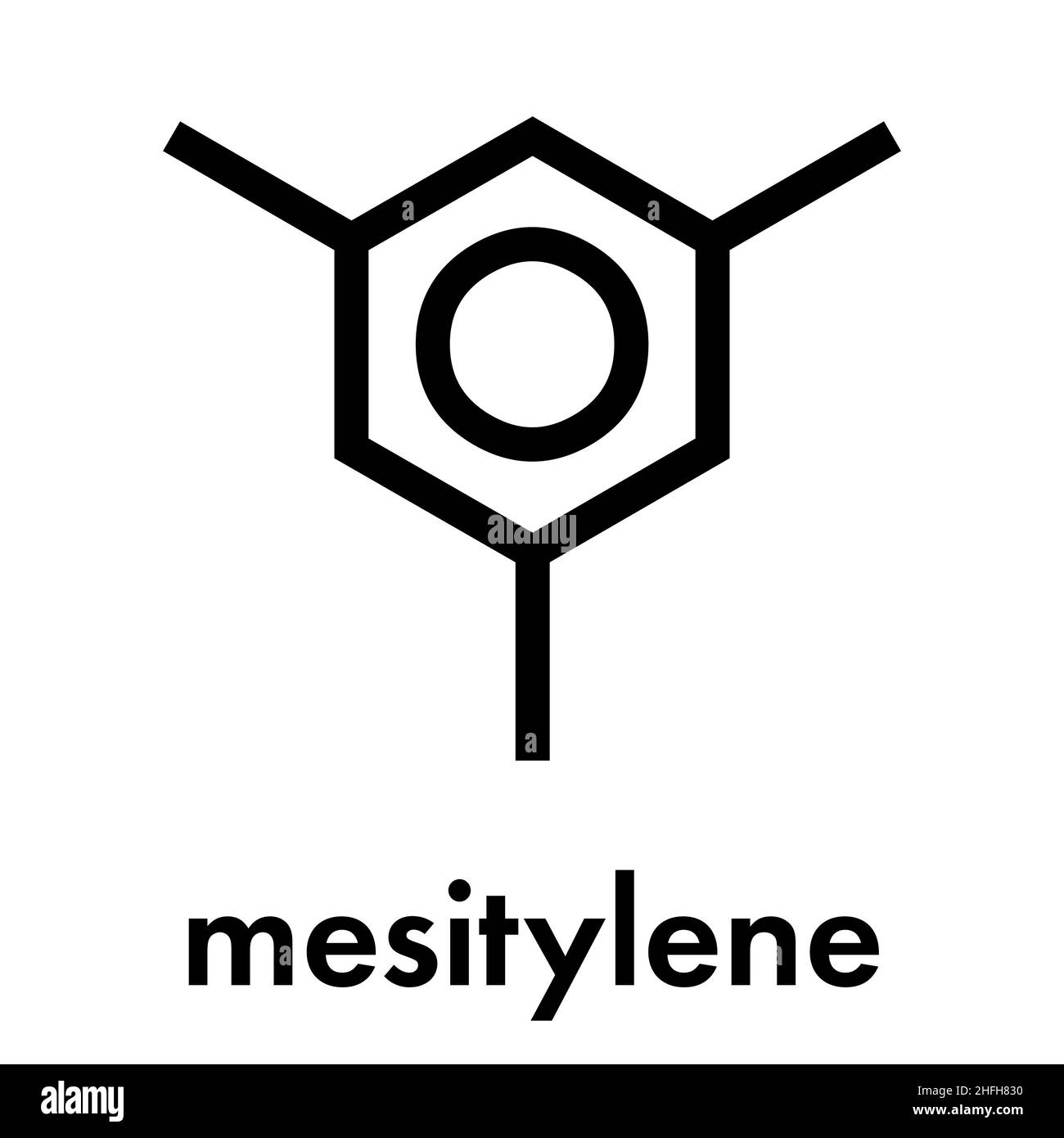 Molécule d'hydrocarbure aromatique mésitylène. Solvant important dans l'industrie chimique et les composés organiques volatils (COV) des rejets dans l'environnement. Ske Illustration de Vecteur