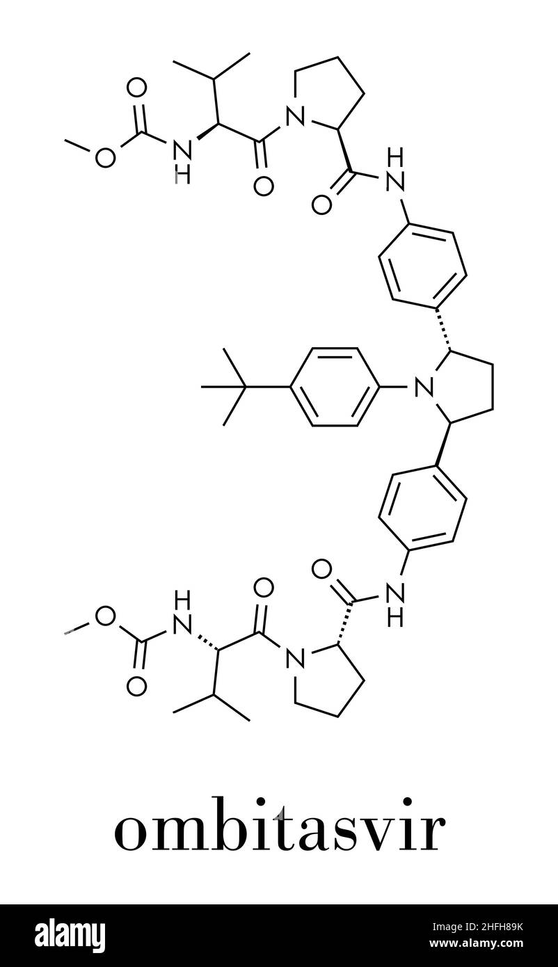 Molécule médicamenteuse du virus de l'hépatite C (VHC) Ombitasvir.Inhibiteur de la protéine non structurale 5A (NS5A).Formule squelettique. Illustration de Vecteur