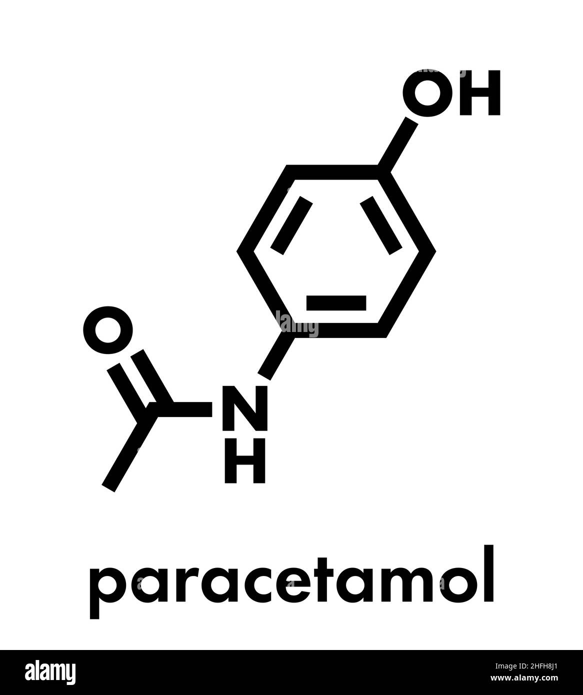 Molécule analgésique de paracétamol (acétaminophène). Utilisé pour réduire la fièvre et soulager la douleur. Formule du squelette. Illustration de Vecteur