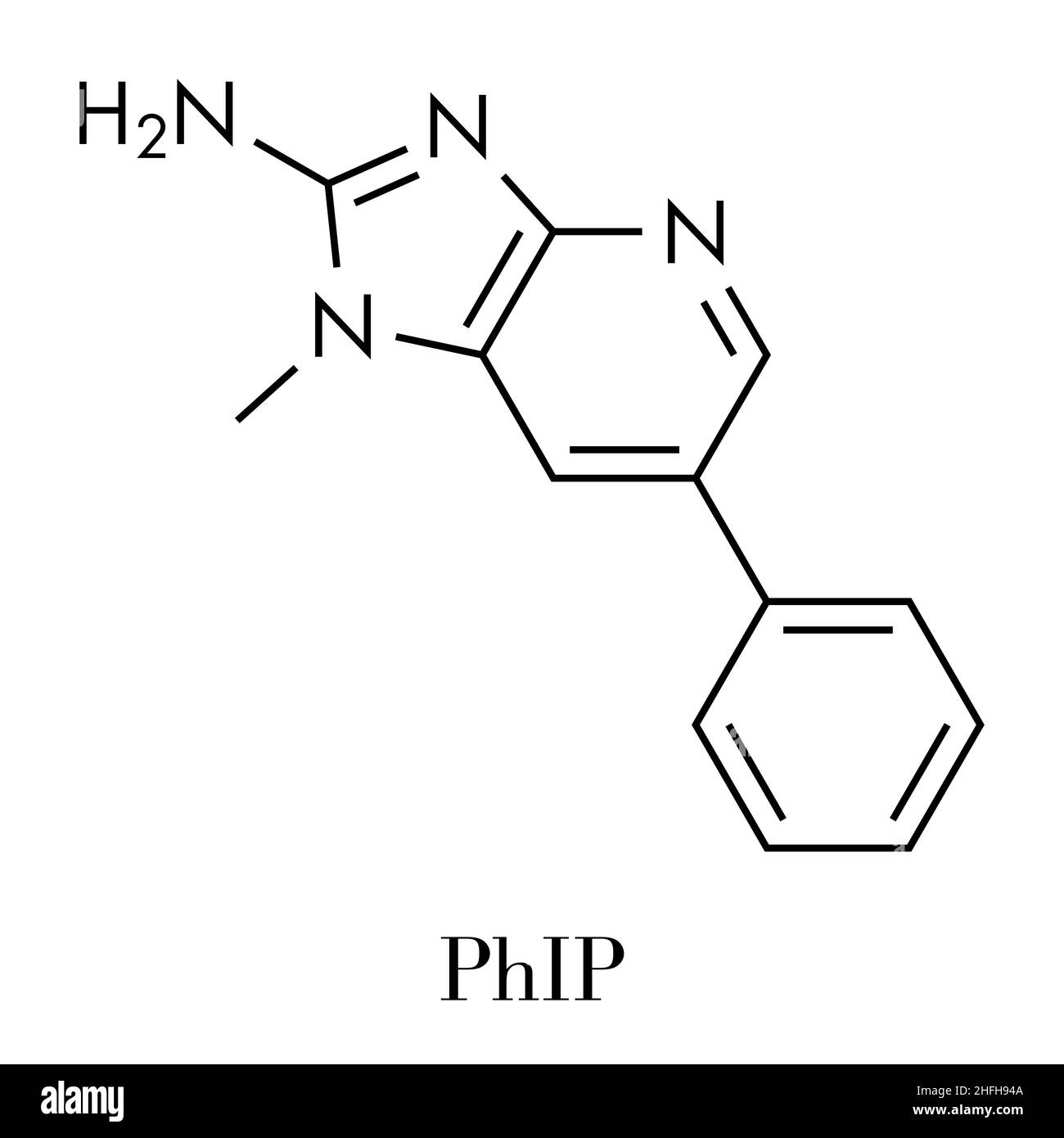 PhIP ou 2-Amino-1-méthyl-6-phenylimidazo(4,5-b)pyridine molécule. Amine hétérocyclique présents dans la viande cuite. Formule topologique. Illustration de Vecteur