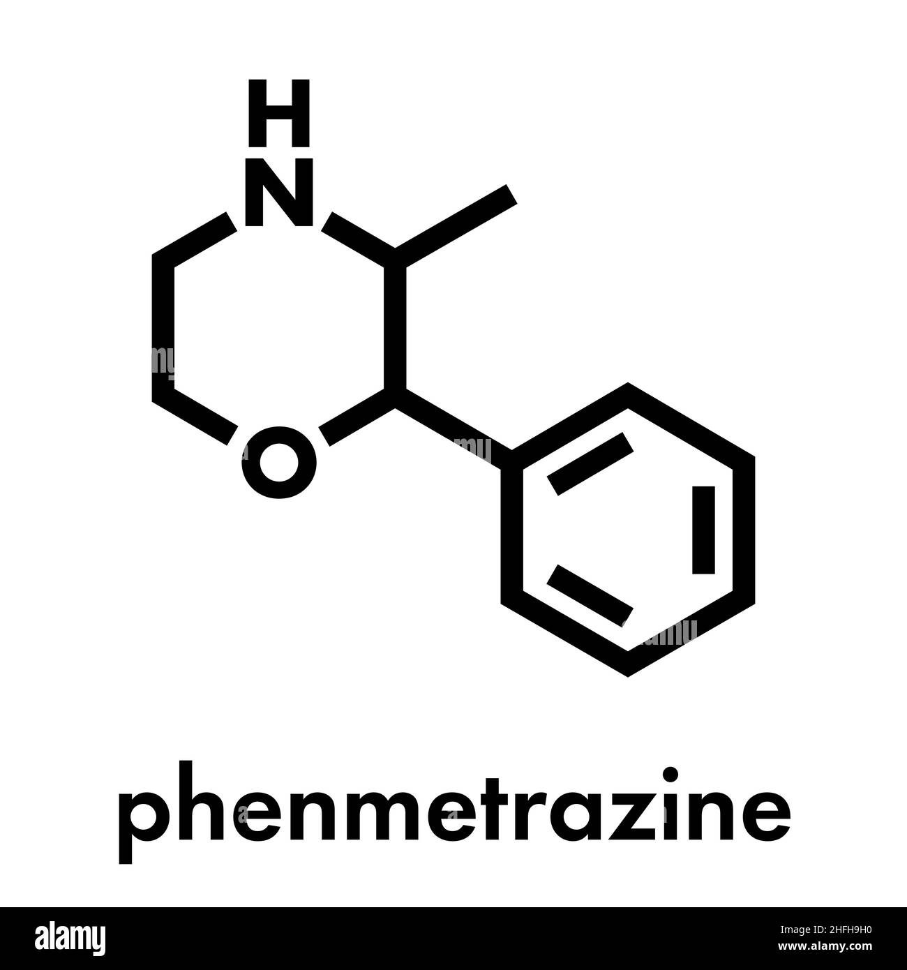 Molécule de médicament stimulant la phénmetrazine (classe amphétamine).Utilisé comme stimulant et suppresseur d'appétit.Formule squelettique. Illustration de Vecteur