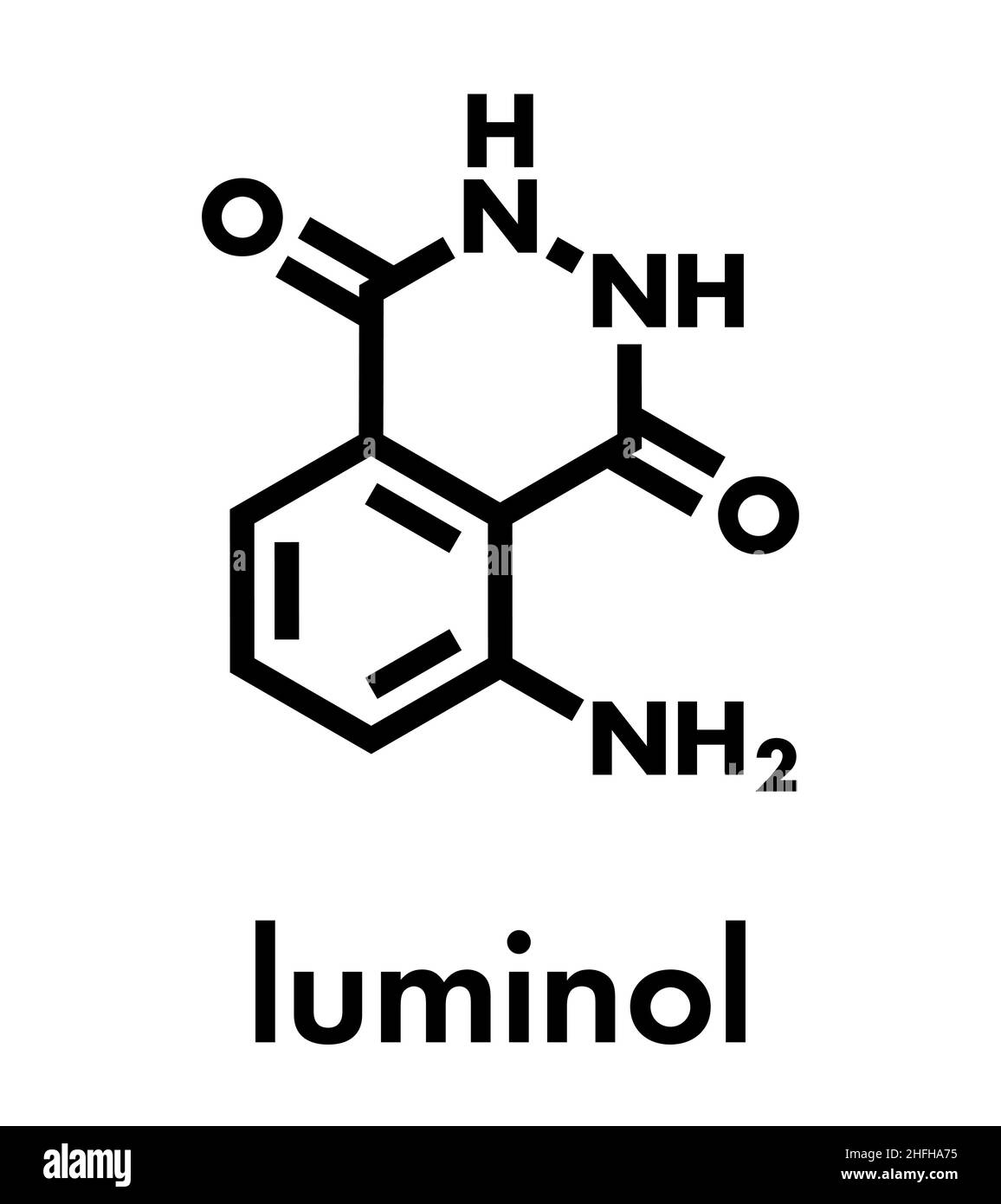 Molécule chimiluminescente de luminol. Utilisé pour détecter le sang dans les scènes de crime. Formule squelettique. Illustration de Vecteur