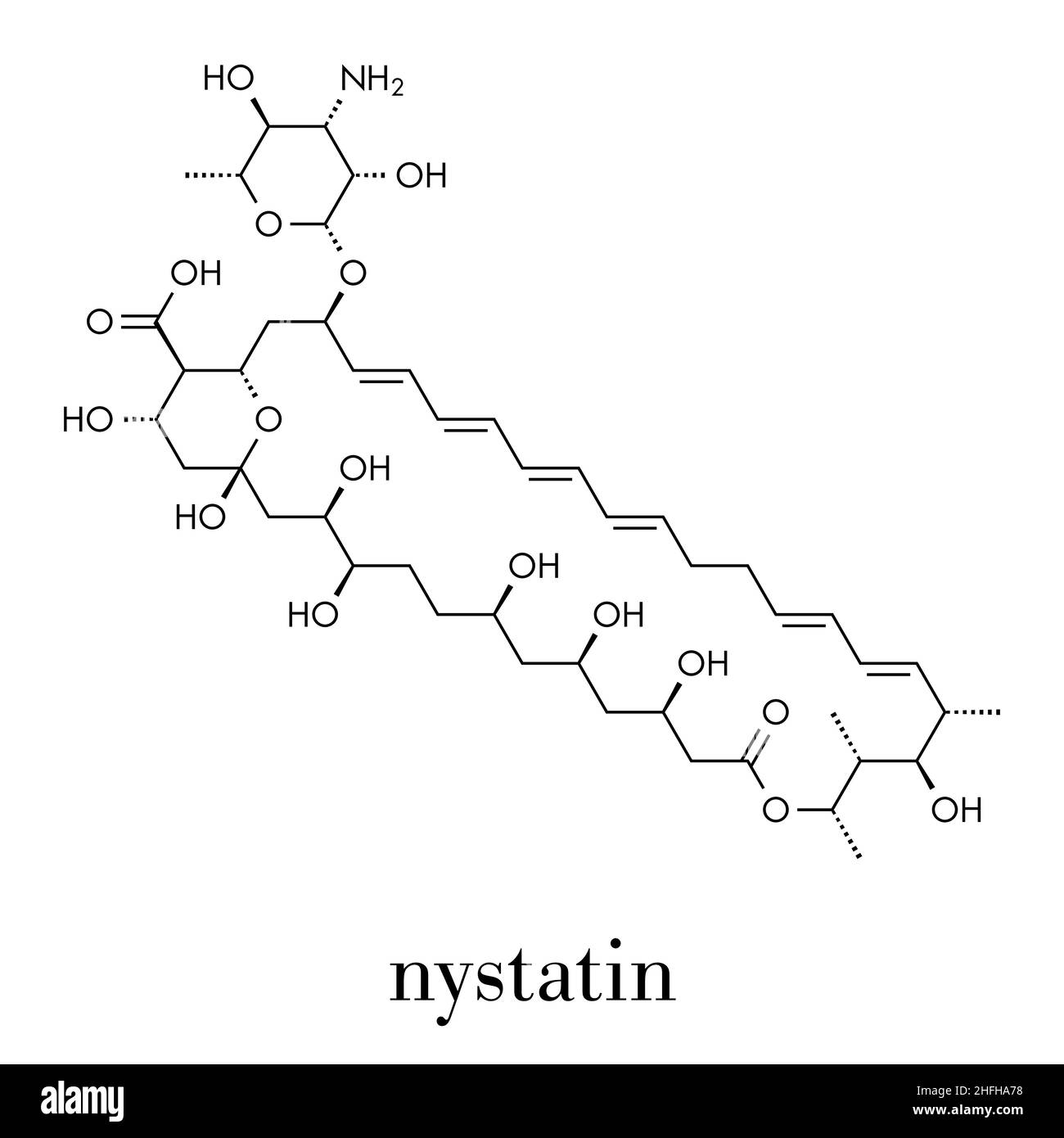 Molécule antifongique Nystatine. Utilisé dans le traitement d'infections à Candida. Formule topologique. Illustration de Vecteur