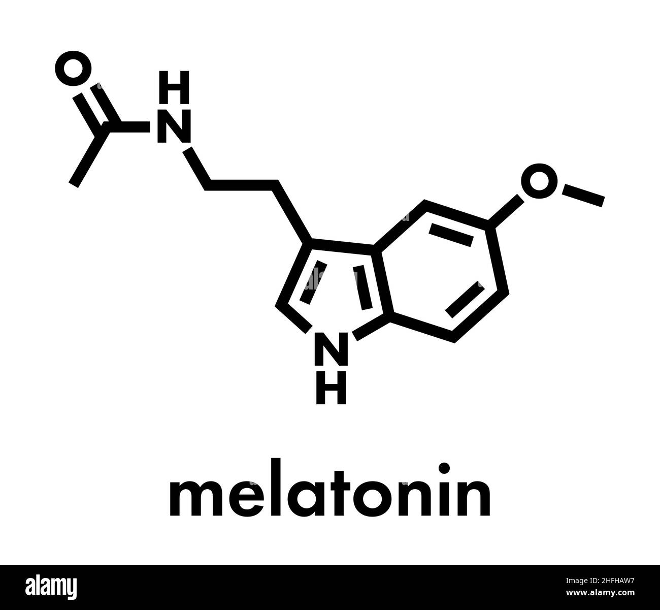Molécule d'hormone de mélatonine. Chez l'homme, il joue un rôle dans la synchronisation du rythme circadien. Formule du squelette. Illustration de Vecteur