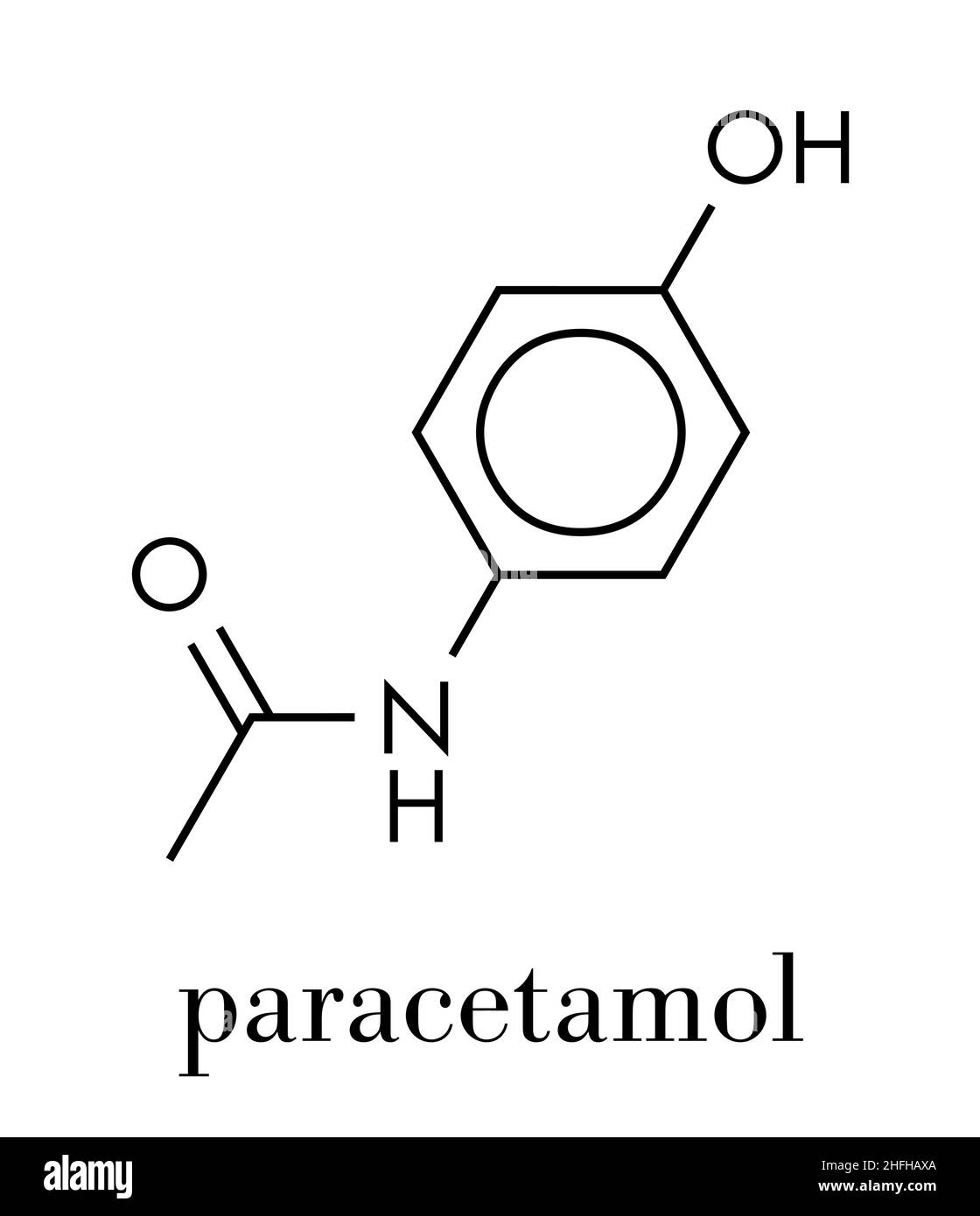 Molécule analgésique de paracétamol (acétaminophène). Utilisé pour réduire la fièvre et soulager la douleur. Formule du squelette. Illustration de Vecteur
