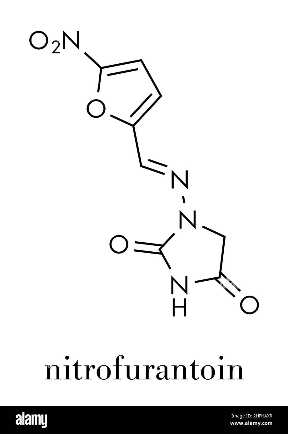 Molécule antibiotique de Nitrofurantoine.Utilisé pour traiter les infections des voies urinaires (UTI).Formule squelettique. Illustration de Vecteur