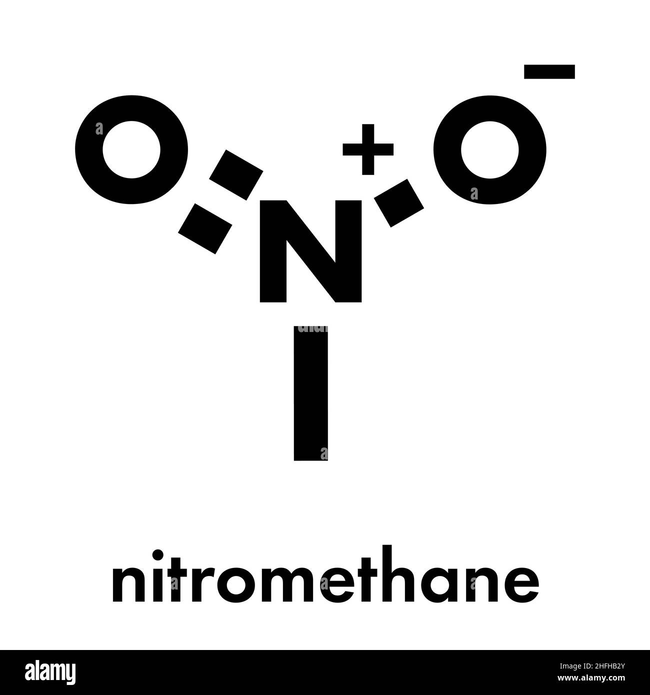 Molécule de nitro-méthane. Utilisé comme carburant pour les fusées, les voitures de course de traînée, etc. Également utilisé comme explosif élevé. Formule squelettique. Illustration de Vecteur