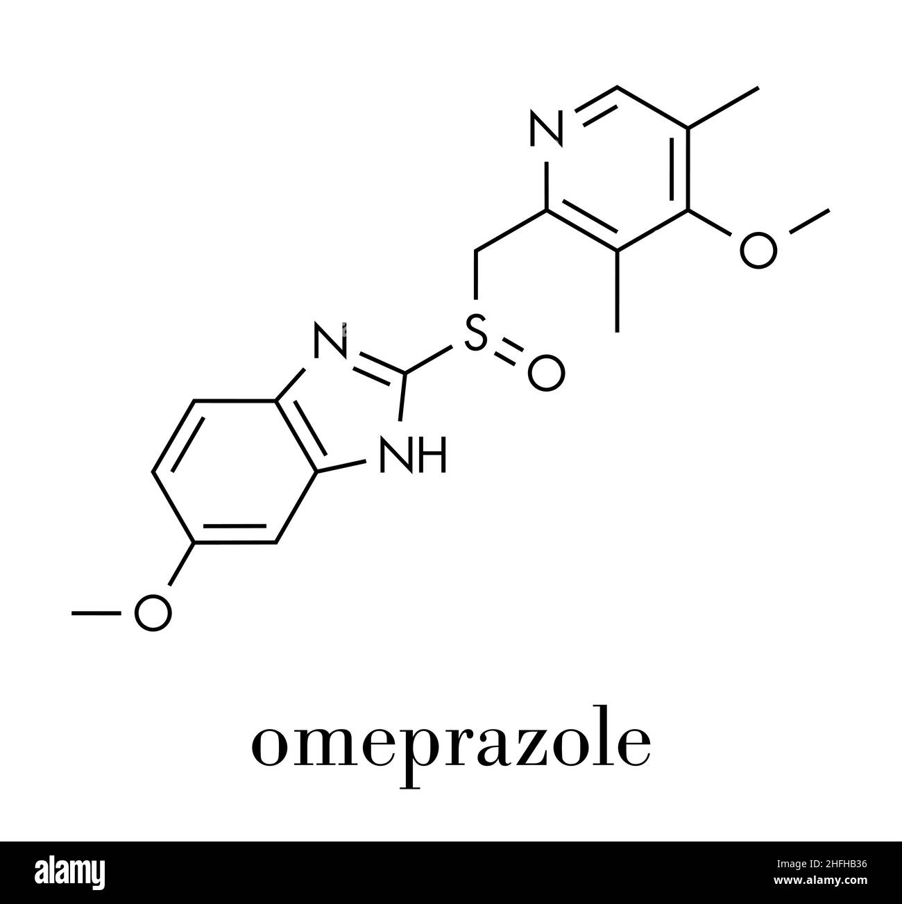 L'Omeprazole de dyspepsie et d'ulcère gastroduodénal (médicament inhibiteur de la pompe à protons) molécule. Formule topologique. Illustration de Vecteur