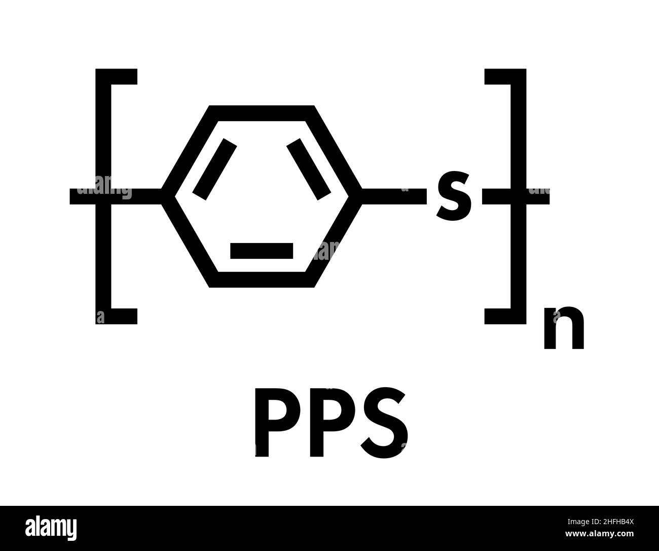Le sulfure de polyphénylène (PPS), la structure chimique d'un polymère. Couramment utilisé en plastique d'ingénierie. Formule topologique. Illustration de Vecteur