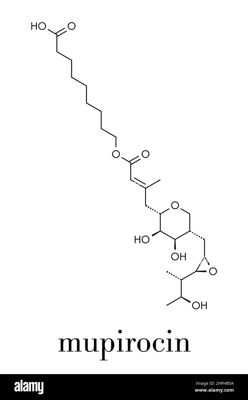 Mupirocine (pseudomonic) molécule d'antibiotiques. Utilisé en application topique contre les bactéries gram-positives. Formule topologique. Illustration de Vecteur