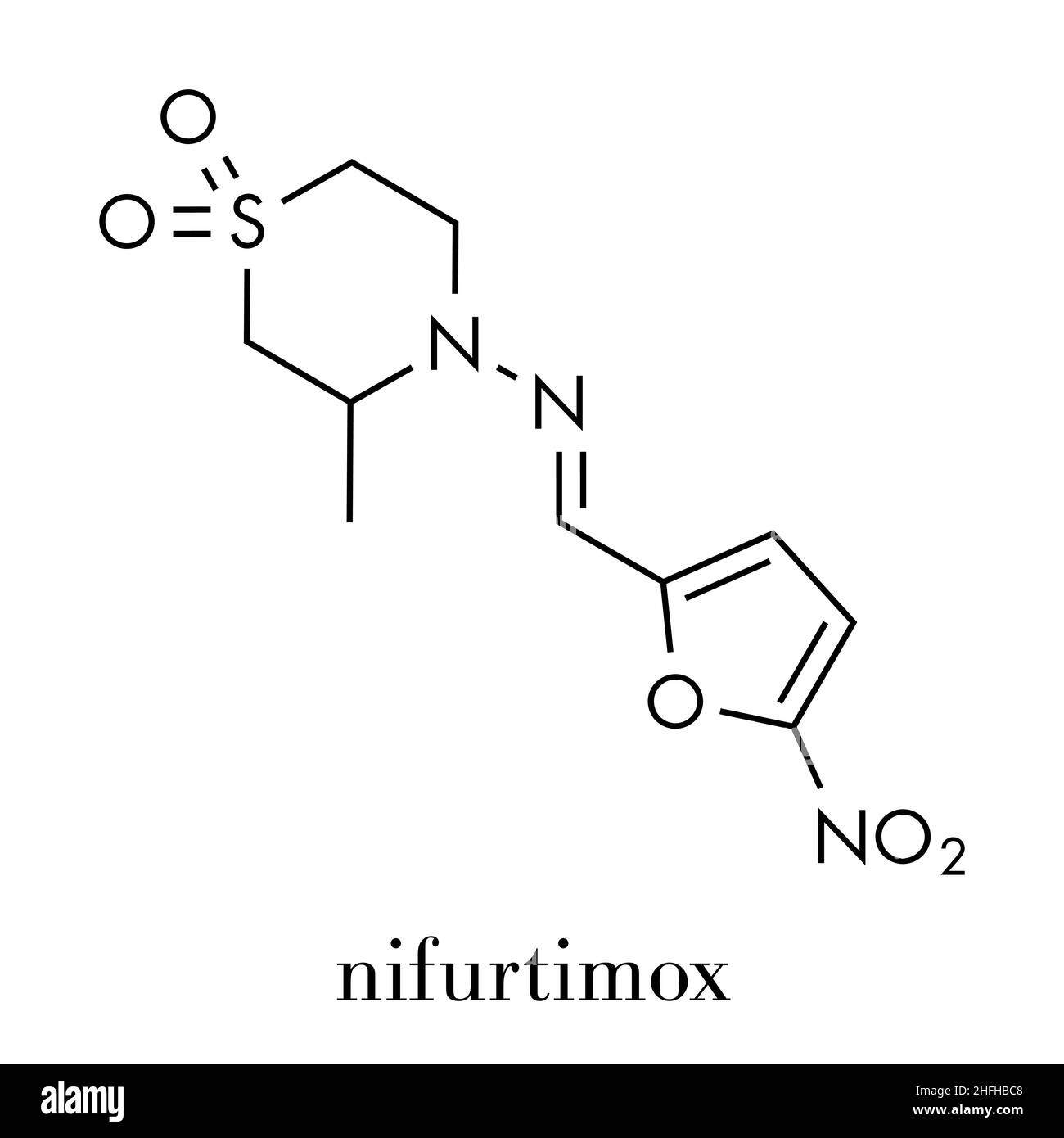 Molécule antiparasite nifurtimox.Utilisé dans le traitement de la maladie de Chagas et de la maladie du sommeil.Formule squelettique. Illustration de Vecteur