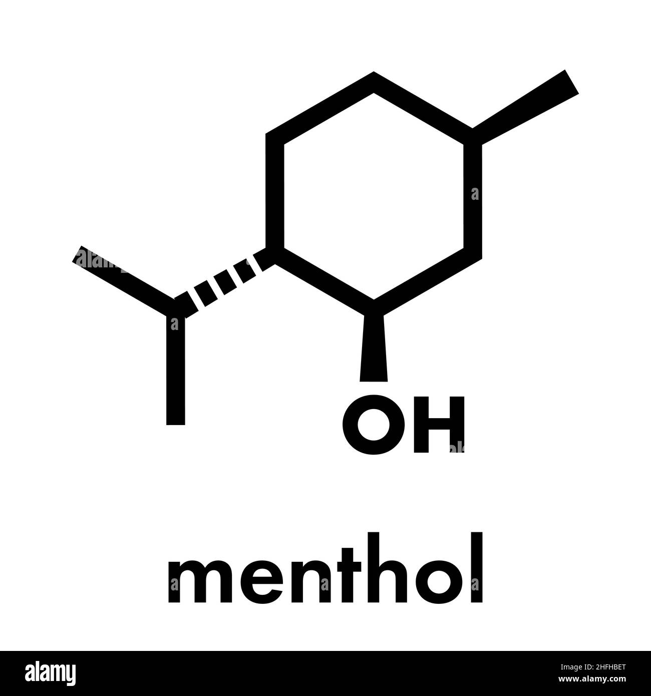 Molécule de menthol. Présente dans la menthe poivrée, les minthes de maïs, etc. Formule squelette. Illustration de Vecteur