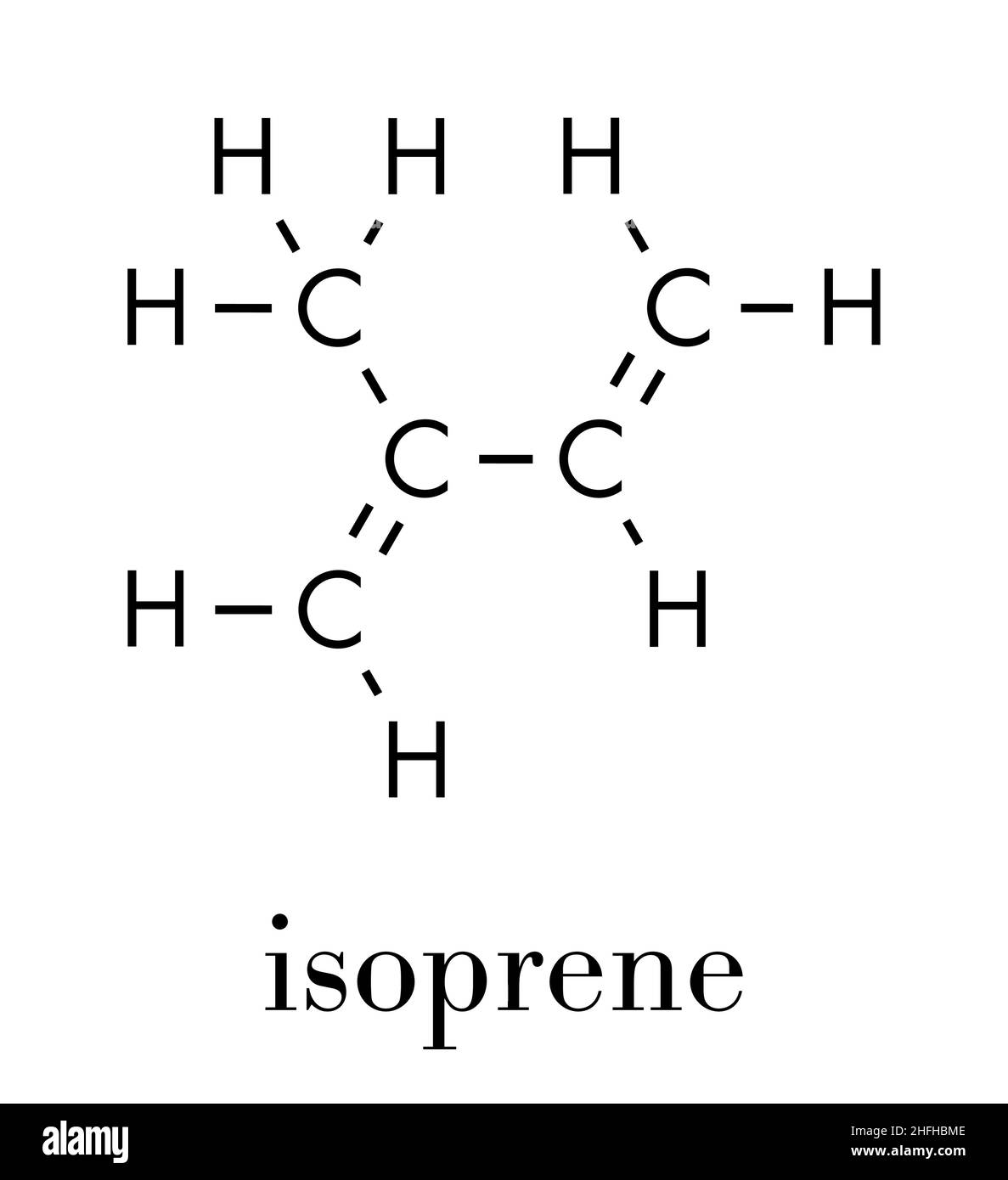 Bloc de construction en isoprène, caoutchouc (polyisoprène) (monomère). Formule du squelette. Illustration de Vecteur