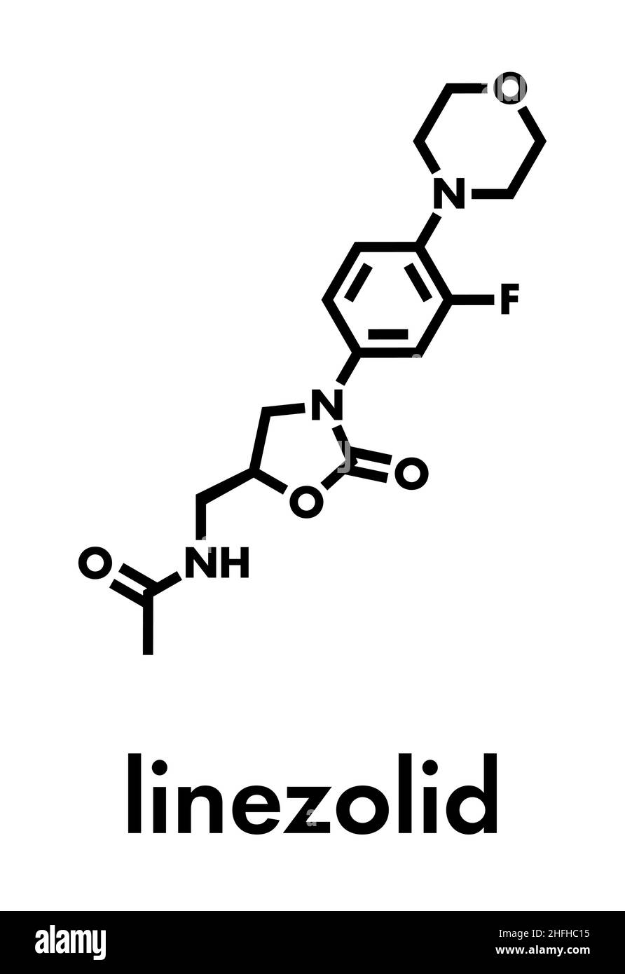 Médicament antibiotique oxazolidinone linézolide (classe) molécule. Formule topologique. Illustration de Vecteur