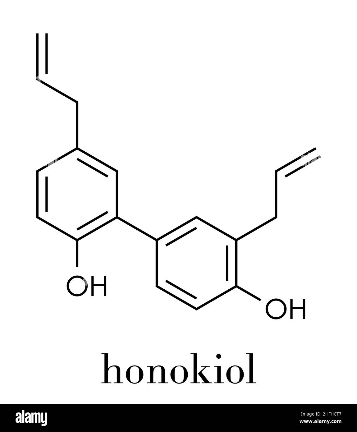 Molécule à base de plantes Honokiol, présente dans le magnolia.Formule squelettique. Illustration de Vecteur