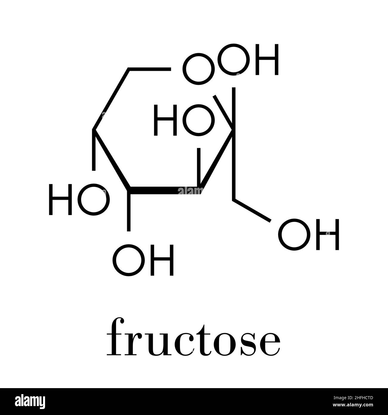 Molécule de sucre fruité fructose (D-fructose). Composant du sirop de maïs à haute teneur en fructose (HFCS). Formule du squelette. Illustration de Vecteur