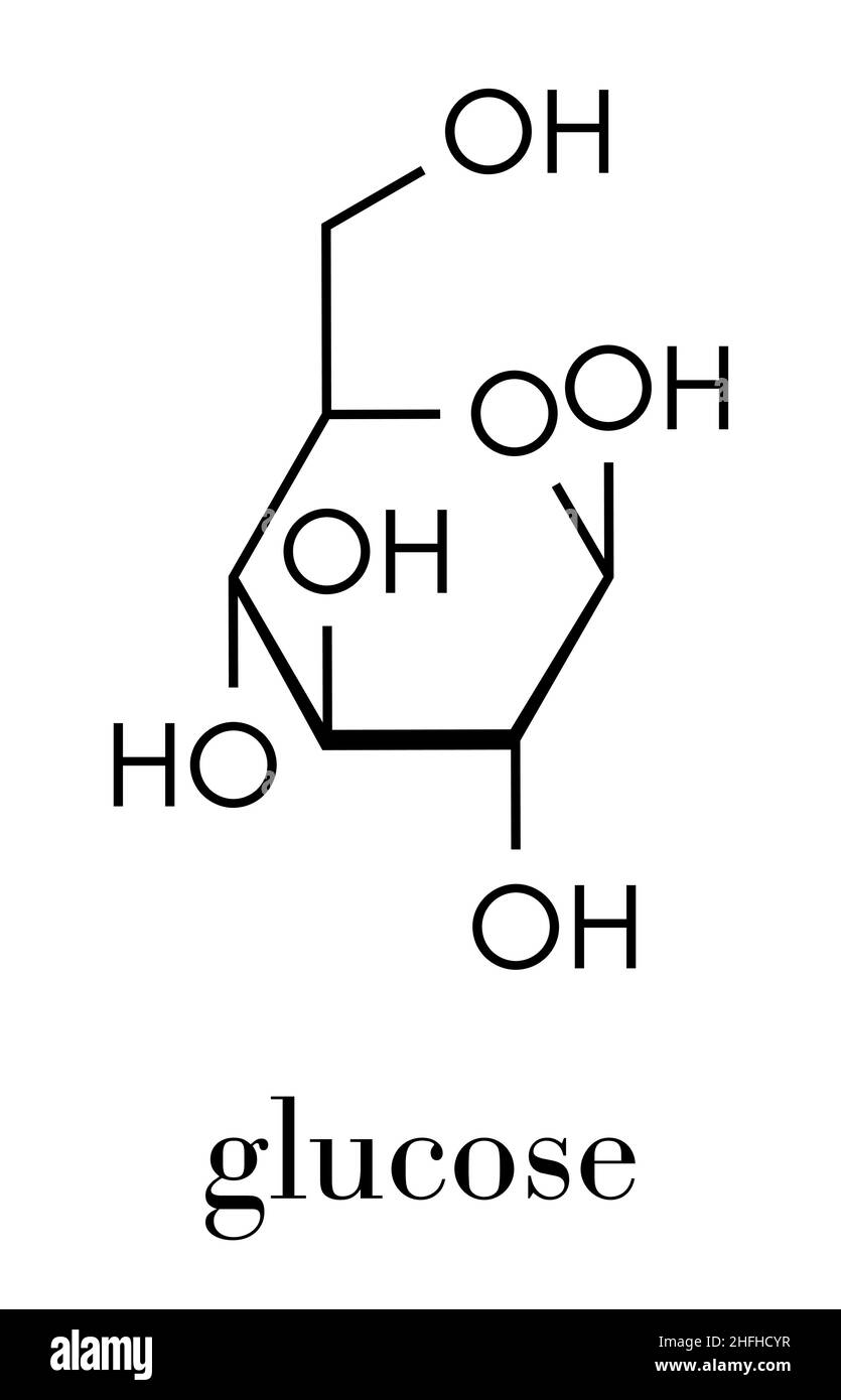 Molécule de glucose (dextrose, sucre de raisin) (forme bêta-D-glucopyranose). Formule du squelette. Illustration de Vecteur