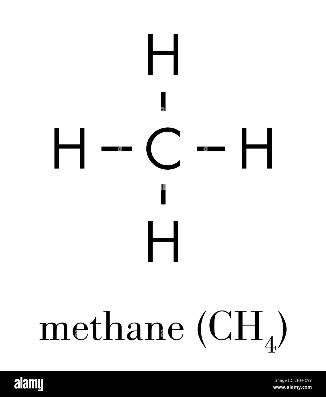 Molécule de gaz naturel de méthane. Composant principal du gaz naturel et du GNL (gaz naturel liquéfié) et du biogaz, produit par fermentation. Formule du squelette. Illustration de Vecteur