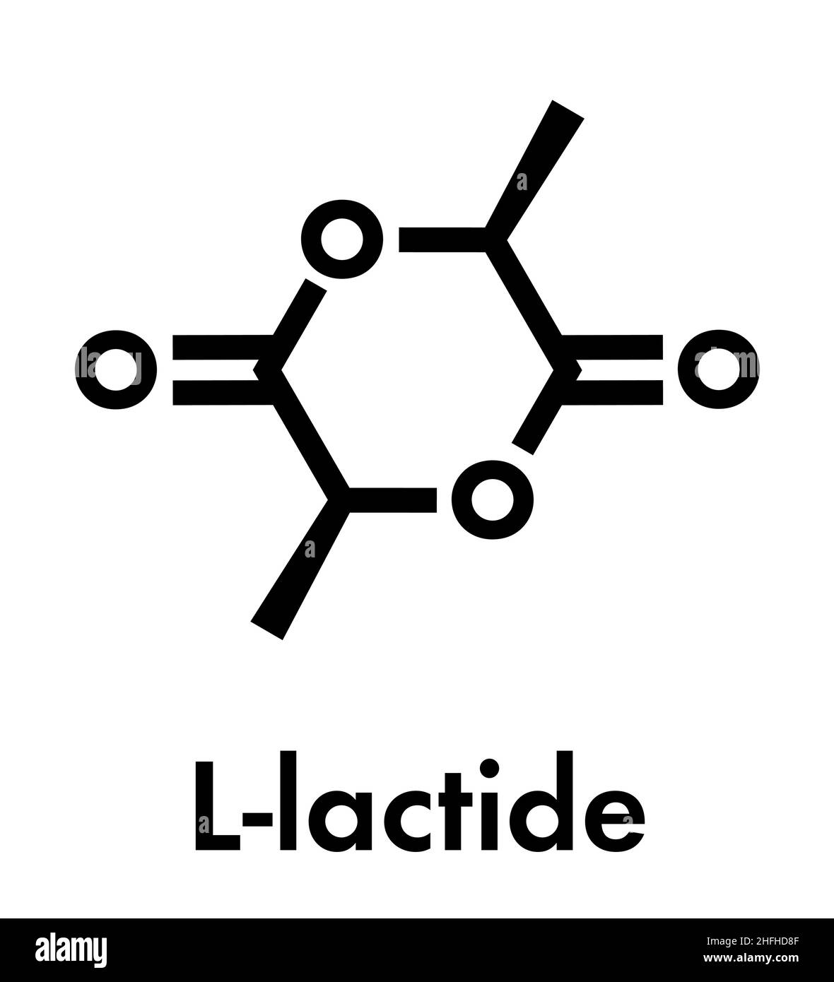 L-lactide PLA molécule précurseur. Utilisé dans la synthèse de l'acide polylactique polymère (polylactide, polylactate) plastique. Formule topologique. Illustration de Vecteur