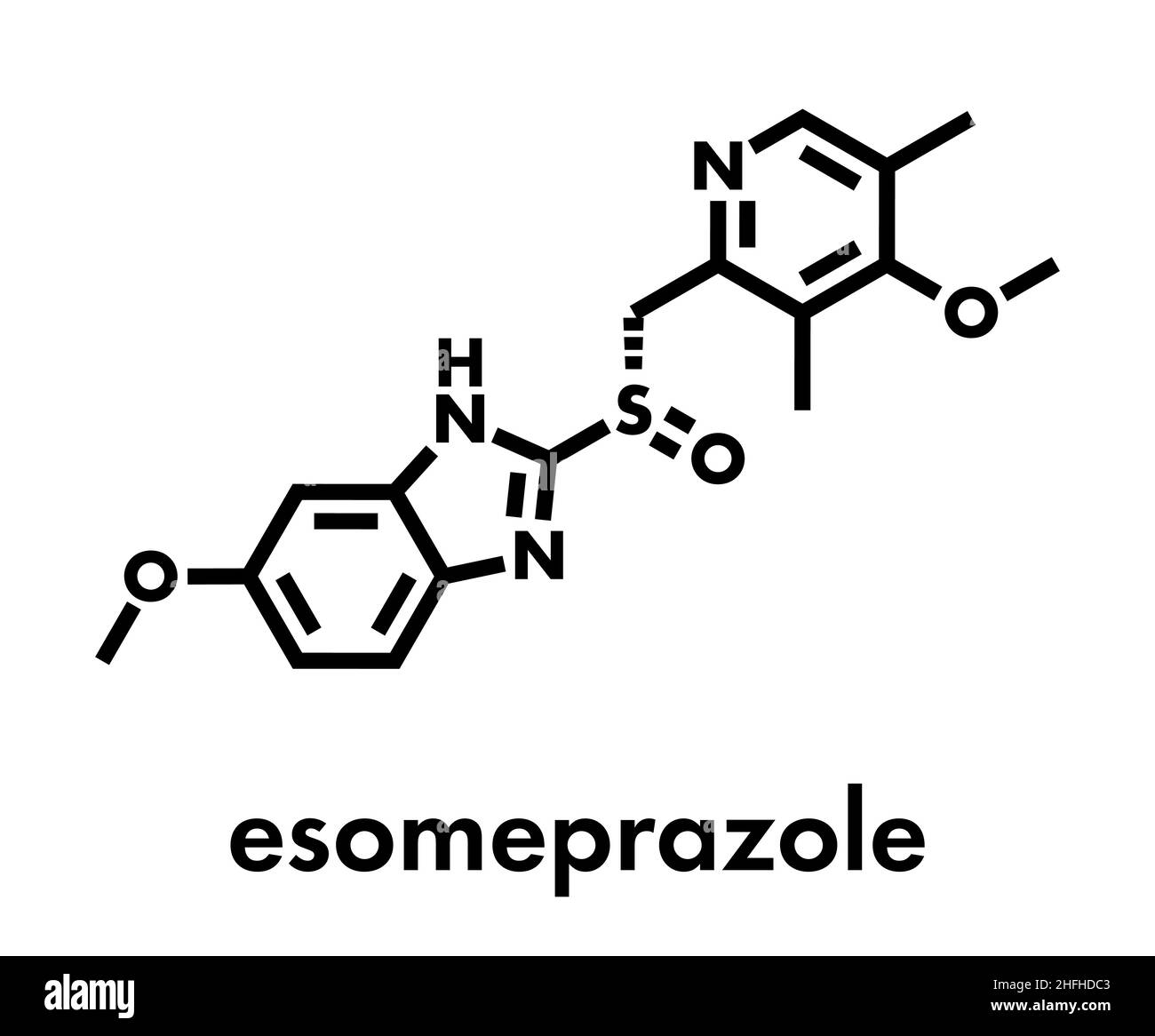 Molécule d'ulcère peptique de l'esoméprazole (inhibiteur de la pompe à protons).Formule squelettique. Illustration de Vecteur