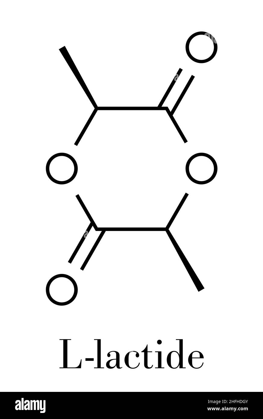 L-lactide PLA molécule précurseur. Utilisé dans la synthèse de l'acide polylactique polymère (polylactide, polylactate) plastique. Formule topologique. Illustration de Vecteur