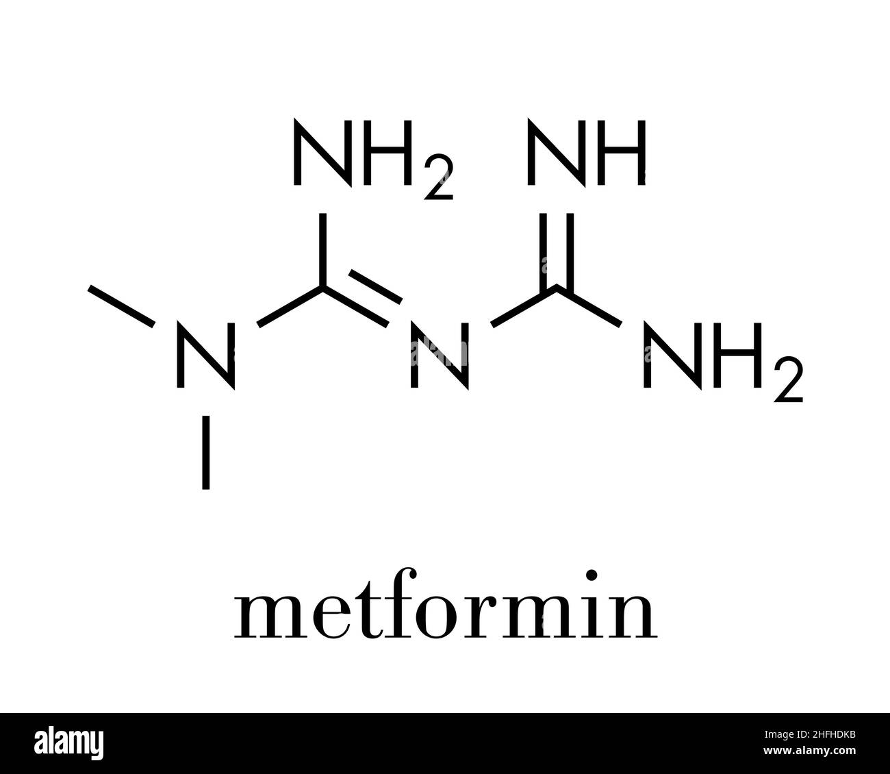 La metformine (médicament contre le diabète) de la classe des biguanides molécule. Formule topologique. Illustration de Vecteur