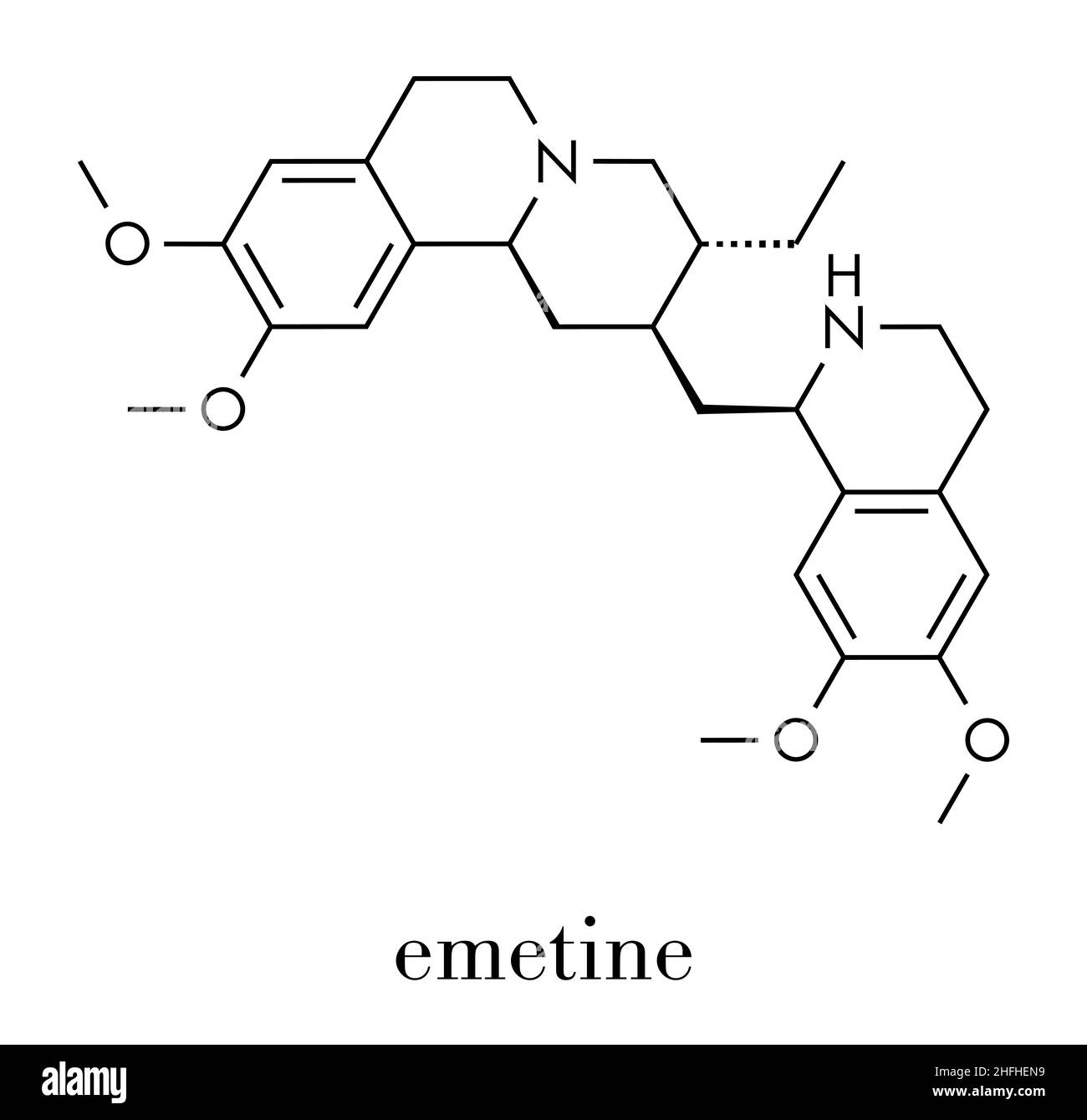 L'émétine molécule. Émétique provoque des vomissements (a) et anti-protozoaire propriétés. Formule topologique. Illustration de Vecteur