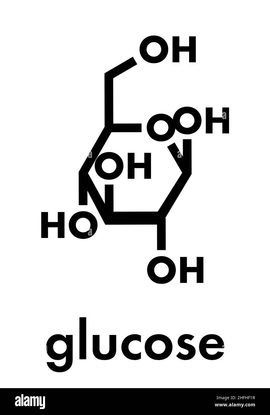 Molécule de glucose (dextrose, sucre de raisin) (forme bêta-D-glucopyranose). Formule du squelette. Illustration de Vecteur