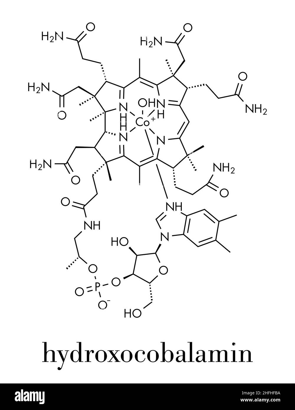 Molécule de vitamine B 12 hydroxocobalamine. Souvent donnée thérapeutique en cas de carence en 12. Formule du squelette. Illustration de Vecteur