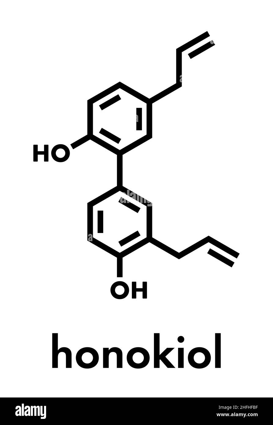 Molécule à base de plantes Honokiol, présente dans le magnolia.Formule squelettique. Illustration de Vecteur