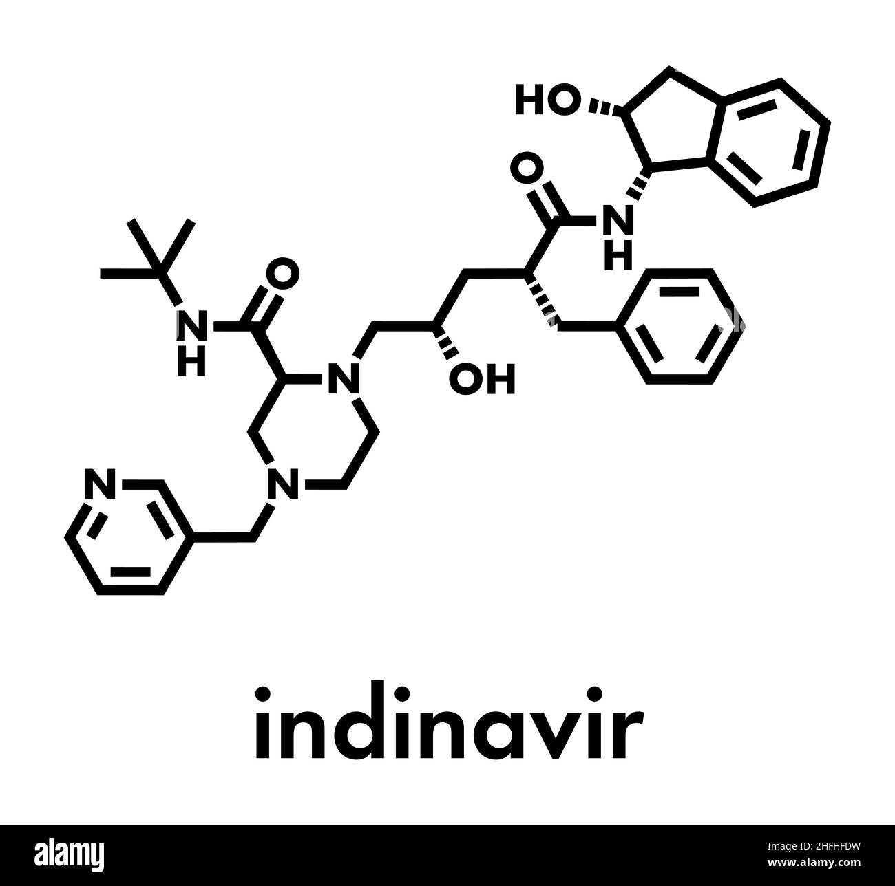 Molécule de médicament anti-VIH indinavir.Appartient à la classe des inhibiteurs de protéase.Formule squelettique. Illustration de Vecteur