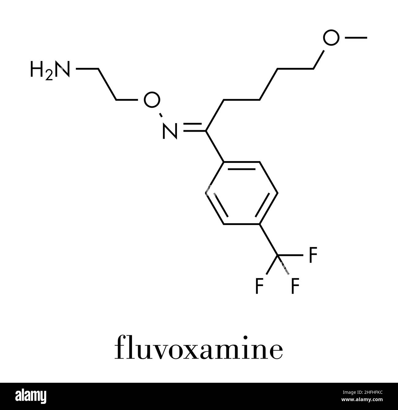 Molécule de médicament de fluvoxamine (SSRI).Formule squelettique. Illustration de Vecteur