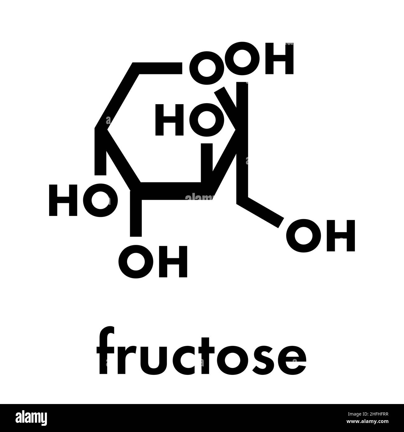 Molécule de sucre fruité fructose (D-fructose). Composant du sirop de maïs à haute teneur en fructose (HFCS). Formule du squelette. Illustration de Vecteur