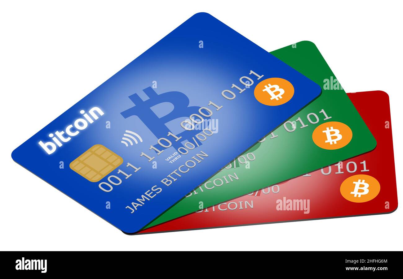 Cartes de crédit ou de débit en bitcoin rouge, vert et bleu prenant en  charge les paiements sans fil avec la crypto-monnaie populaire Photo Stock  - Alamy
